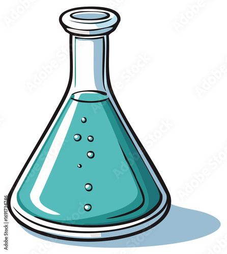 Erlenmeyer flask with bubbling blue liquid, a science and chemistry illustration.