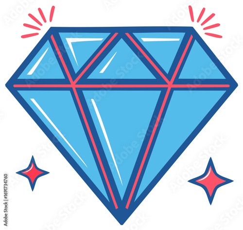Illustration of a large blue and red diamond with sparkles