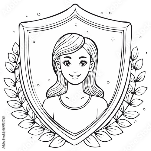 Portrait of a smiling woman inside a shield with laurel leaves and an award