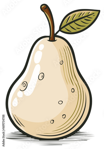 Stylized beige pear fruit with green leaf and stem detailed illustration