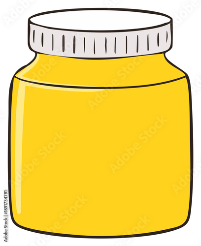 Glass Jar Filled with Yellow Liquid Illustration, Sealed with White Ribbed Lid and Black Outlines