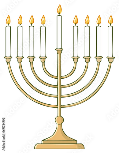 Golden Hanukkah Menorah with Nine Lit Candles Illuminating the Festival
