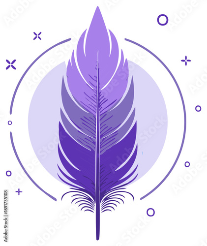 Stylized Purple Feather Graphic Element with Geometric Circle Accents and Flat Design