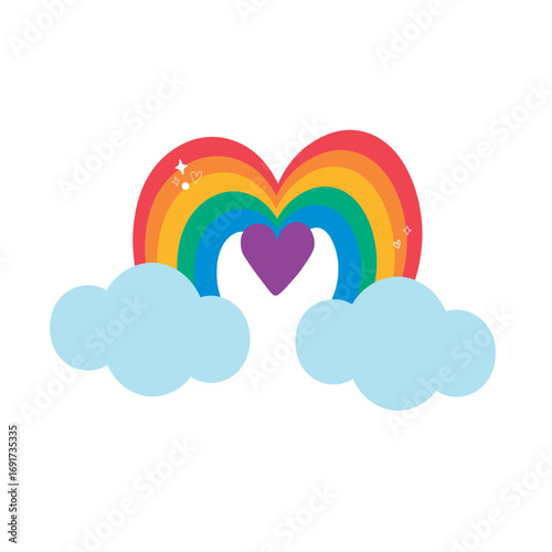 ilustración de Arcoiris en forma de corazón con nubes y brillos 