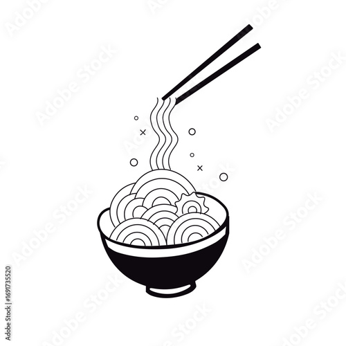 ilustración de una platillo oriental ramen con palillos chinos 