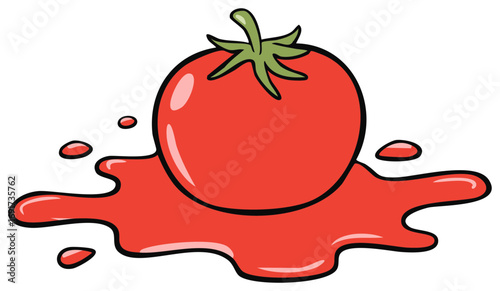 Cartoon illustration of a ripe red tomato sitting in a messy puddle of splattered juice or sauce
