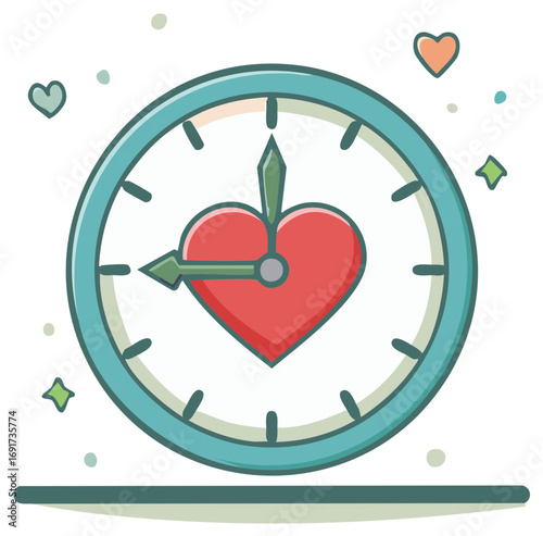 Illustrative clock with heart in the center showing a concept of love and timing, deadlines, or time related to relationships