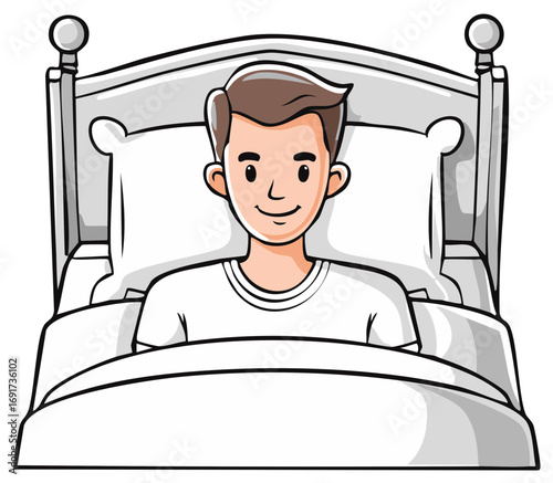 Smiling young man cartoon character waking up in a comfortable white bed illustration
