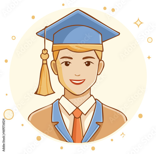 Portrait of a smiling male student graduate in a cap and gown illustration