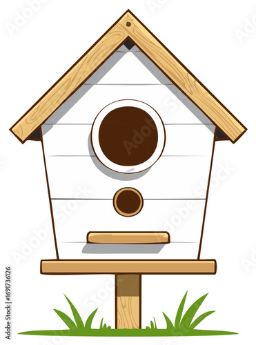 Classic white wooden birdhouse on a post in the grass cartoon vector illustration
