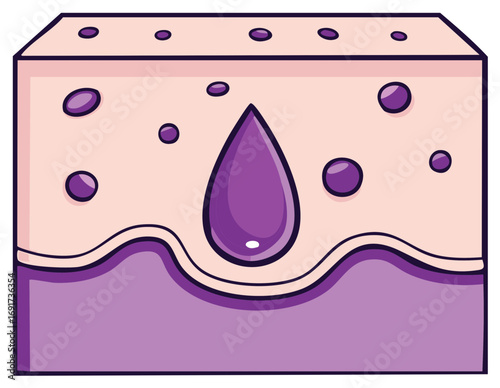 Moisturizing serum drop absorbing into skin cross-section with pores, a vector diagram illustration