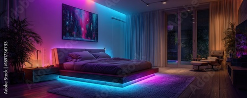 Modern Bedroom with Vibrant Neon Lights