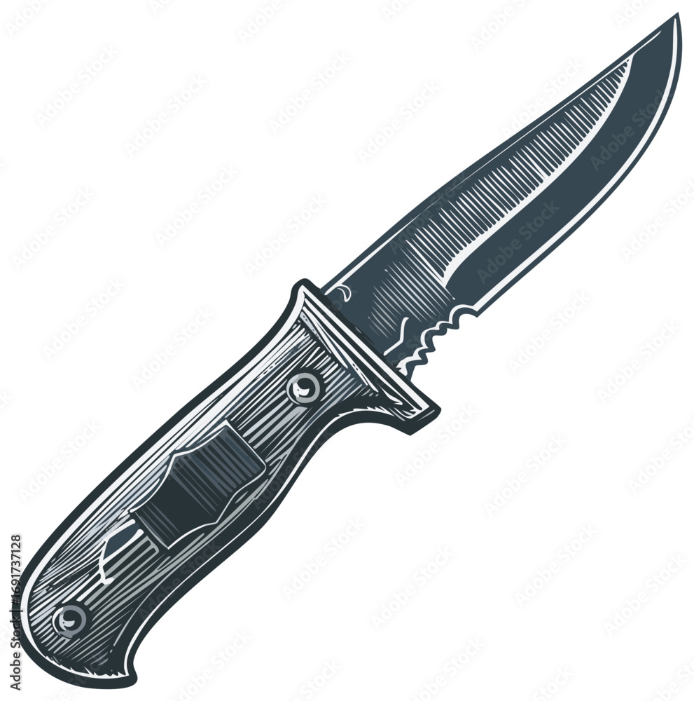 Obraz premium Hunting Knife Illustration with Engraved Details Sharp Blade and Decorative Handle for Outdoor Adventures