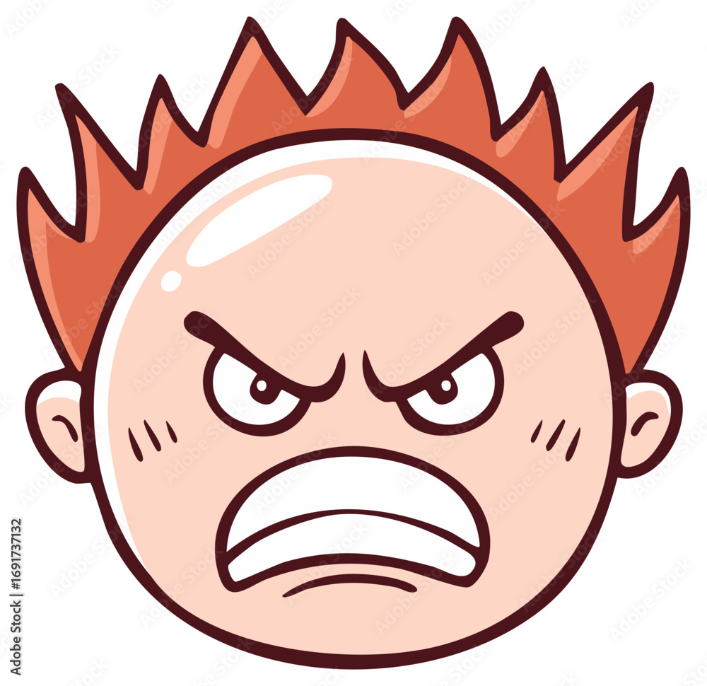 Fototapeta premium Cartoon image of an angry face with spiky red hair.