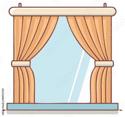Cartoon Window Illustration with Beige Curtains, Vector Graphic.