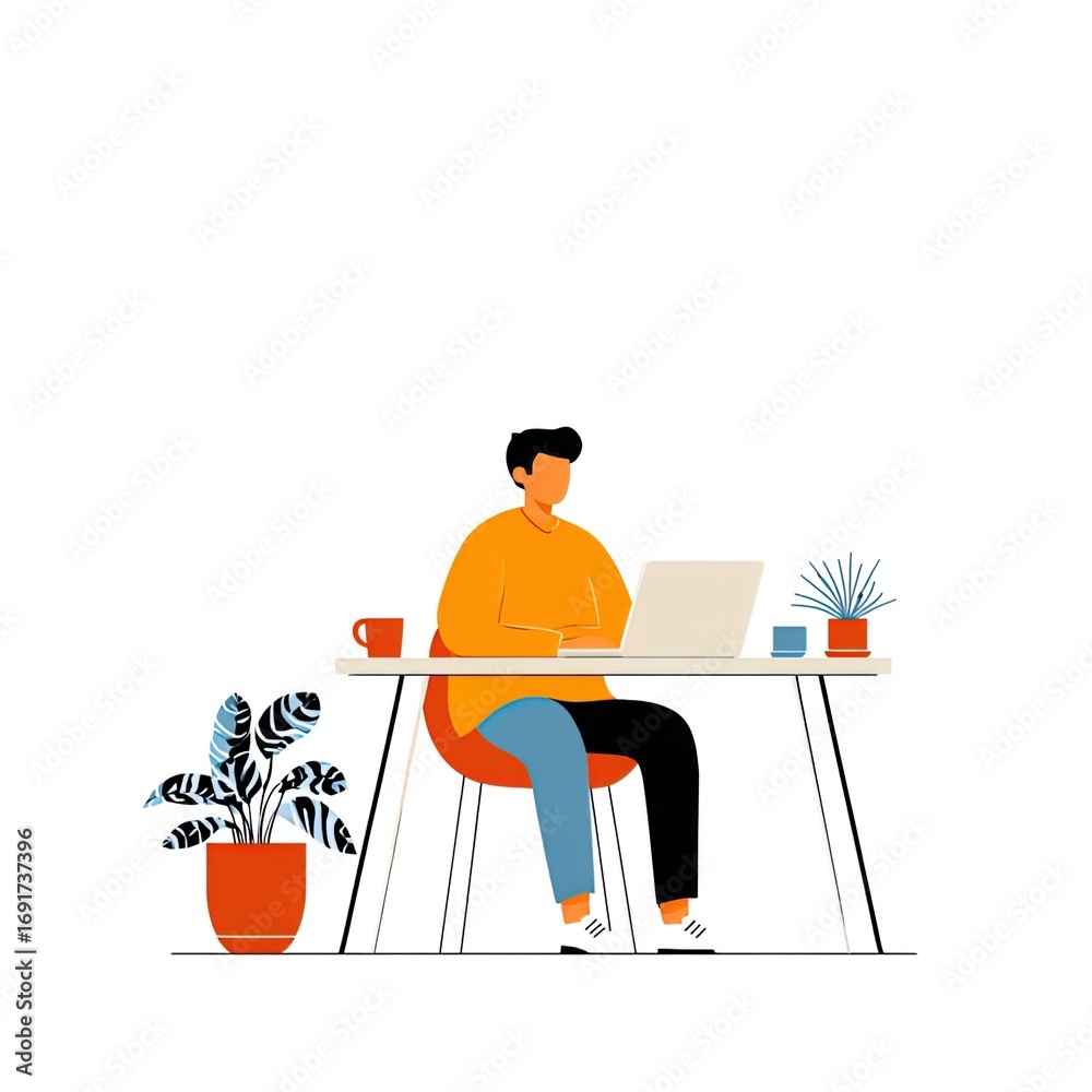 Fototapeta premium Person sitting at desk with laptop on white background