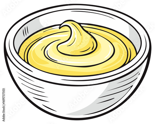 Yellow sauce or creamy dip in a white bowl cartoon illustration