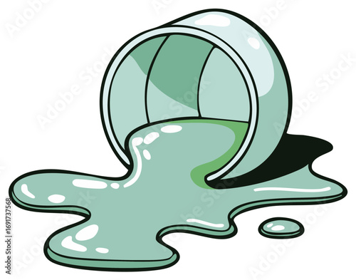 Vibrant green liquid spills from an overturned cartoon bucket creating a glossy puddle