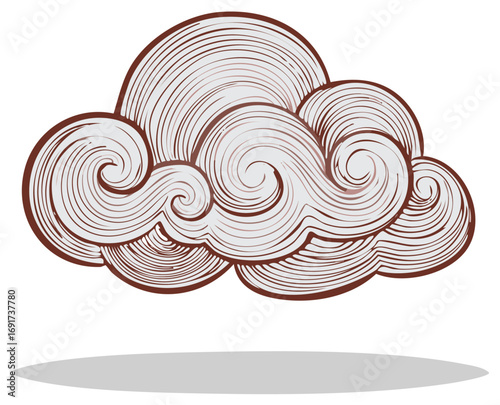 Ornamental Cloud Engraving Style, Hand Drawn Abstract Clouds with Swirls