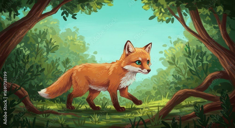 Obraz premium A charming illustration depicts a vibrant young fox amidst lush forest foliage.