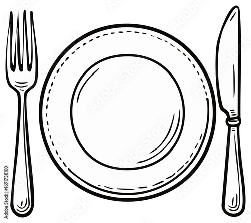 Simple black and white sketch of a place setting with a plate fork and knife