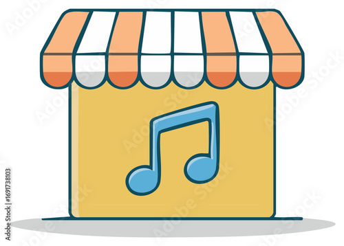 Cartoon Music Shop Icon Illustration Yellow Building with Striped Awning and Blue Note