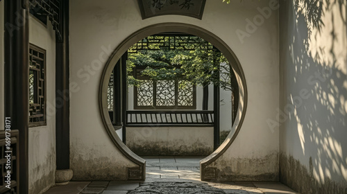 Chinese Garden Moon Gate and Courtyard Architecture with Light and Shadow, Zen Background