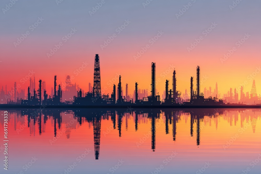 Naklejka premium Industrial skyline at sunset reflected in water