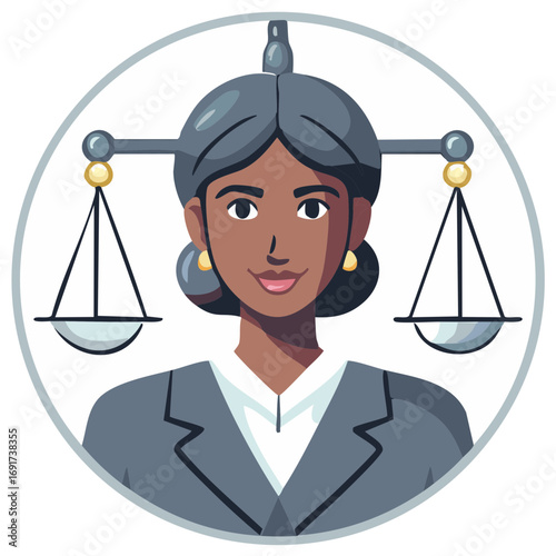 Female legal professional with scales of justice symbolizing fairness and legal expertise in a circular frame
