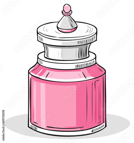 Illustrated Pink Elegant Bottle with Decorative Silver Cap and Ornate Finial Design
