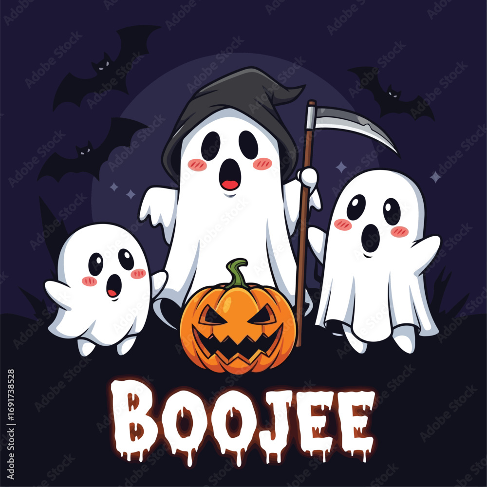 Obraz premium Cute Halloween Ghosts with Jack-o-lantern and Bats Boojee Text Keywords: halloween, ghost, cute, spooky, scary, pumpkin, jackolantern, bat, night, dark, creepy, haunted, holiday, celebration