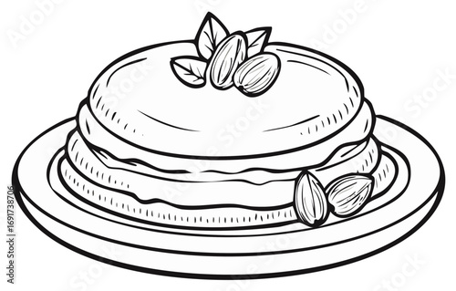 Cake on a plate with cream and almonds with leaves illustration food dessert sweets recipe baking design element