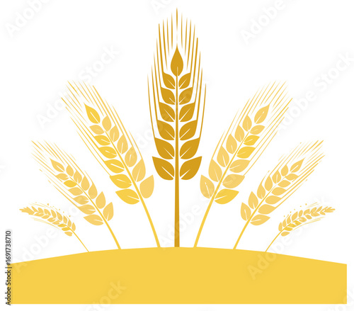 Golden wheat stalks arranged in a semi circular pattern above a golden ground line