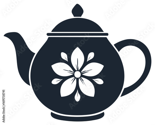 Elegant floral teapot illustration. Dark blue ceramic teapot decorated with a flower.