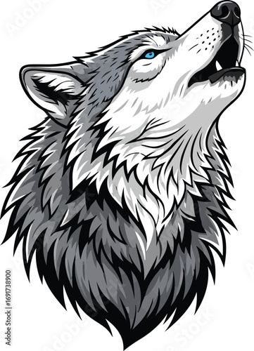 Detailed Illustration of a Wolf Howling with Blue Eyes and Gray Fur Keywords: wolf, howling, animal, wildlife, predator, canine, mammal, fur, gray, white, black, blue eyes, head, portrait