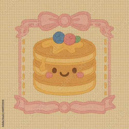 Cute Cartoon Pancake with Smiley Face and Colorful Toppings Design