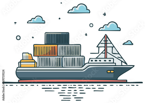 Modern cartoon illustration of a cargo ship with containers sailing on the sea for global logistics and trade