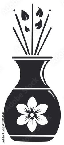 Aroma reed diffuser in decorative vase with flower and leaves simple vector illustration
