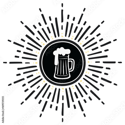 Vintage Beer Mug Symbol with Retro Sunburst, Brewery Emblem, Craft Beer Icon