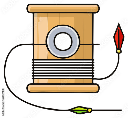 Stylized Wooden Spool with Fishing Line and Two Colorful Lures Vector Illustration