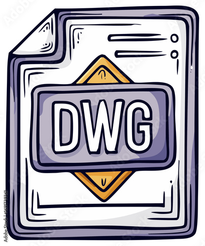 Stylized DWG file illustration. Cartoon image of a document icon with the letters DWG.