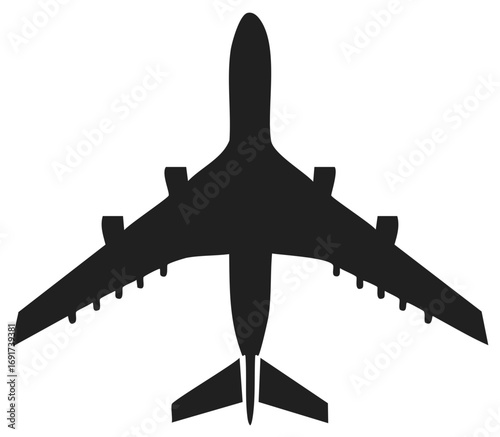 Airplane Silhouette Illustration of a Flying Passenger Jet Viewed from Above with Black Design