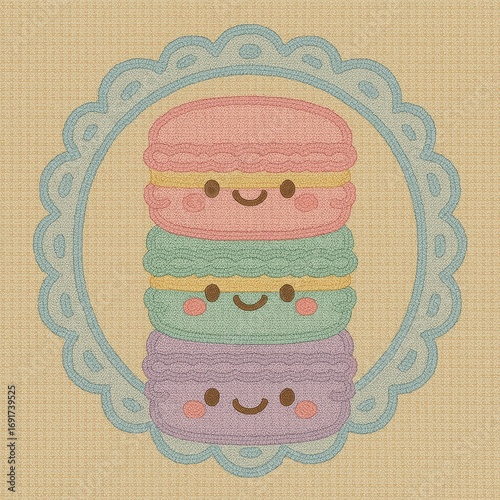 Cute Cartoon Macarons with Smiling Faces and Decorative Frame