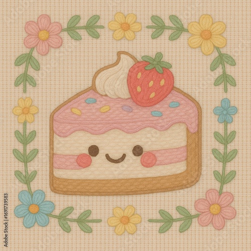 Cute Cartoon Cake Illustration with Strawberry and Floral Border
