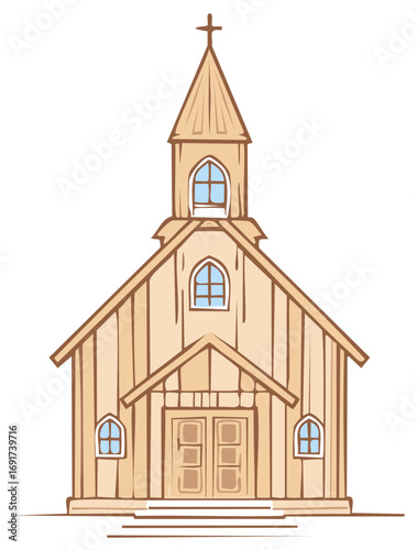 Simple wooden country church with steeple and cross illustration