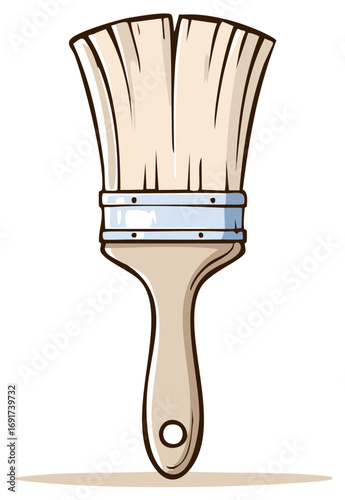 Cartoon illustration of paint brush with beige handle and bristles