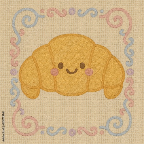 Cute Smiling Croissant with Colorful Decorative Border Design