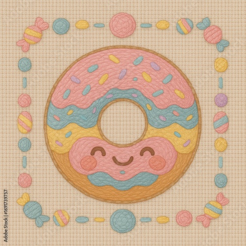 Cute Cartoon Donut with Smiling Face and Colorful Candies Surrounding