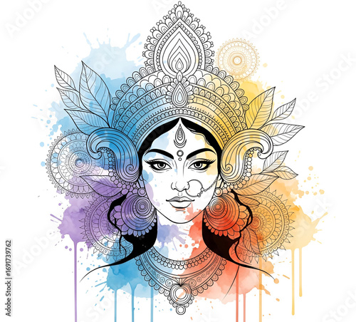 Goddess Durga is artistically depicted with splashes of colorful watercolor.