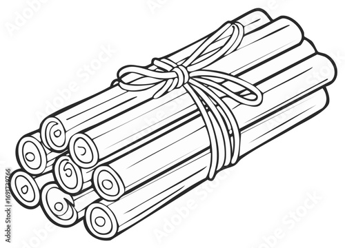 Bundled cinnamon sticks tied with a decorative ribbon isolated
